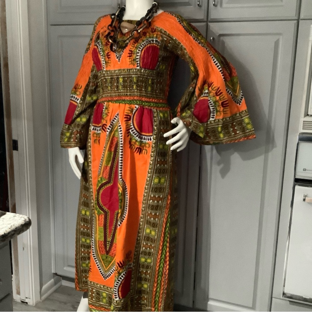 African Design Multi Colored Maxi Dress Only, Bell Shaped Long Sleeve Sz M/L - Picture 1 of 8